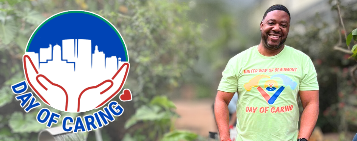 man participating in service with day of caring circular logo