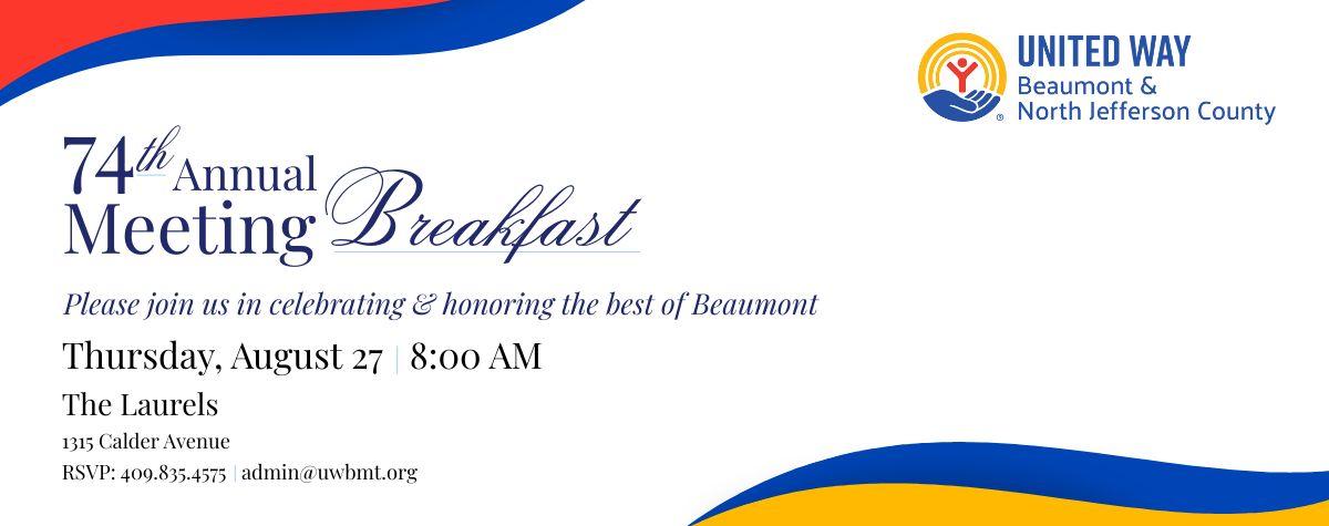 United Way Logo and text for 74th Annual Meeting Breakfast with event details